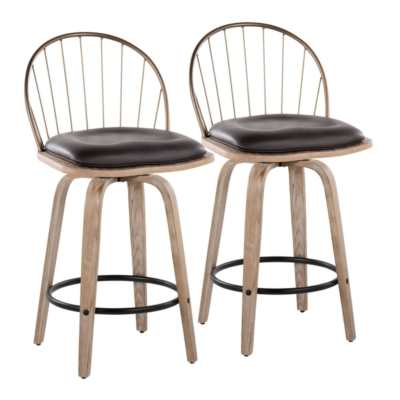 Riley – Farmhouse Fixed Height Counter Stool Round Footrest With Removable Cushion (Set of 2) – White Washed / Antique Copper / Brown