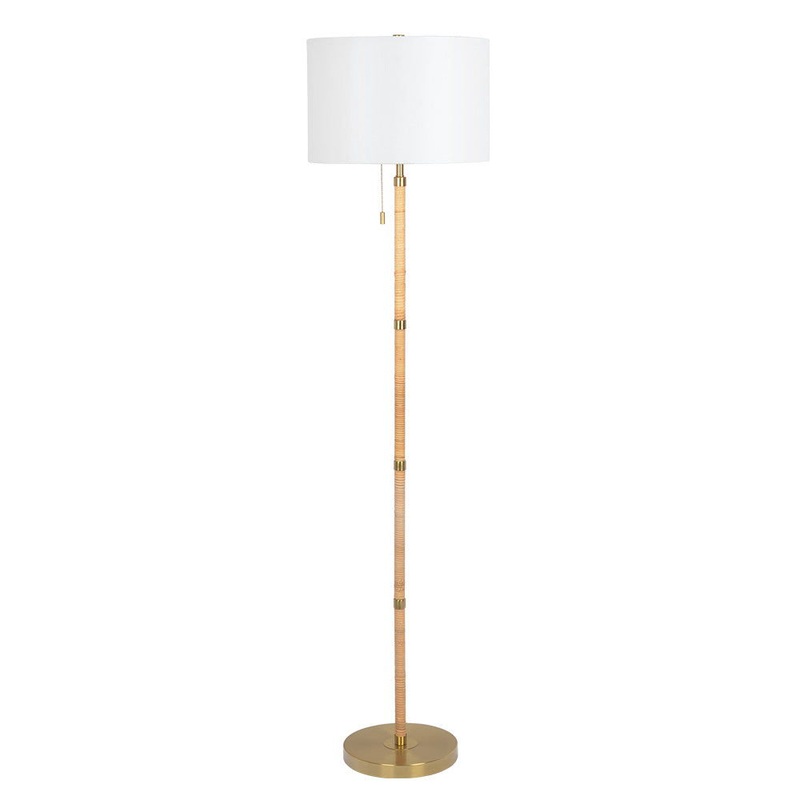 Stellar – Linen Shade Floor Lamp – Gold / Natural Wood / Rattan / White
