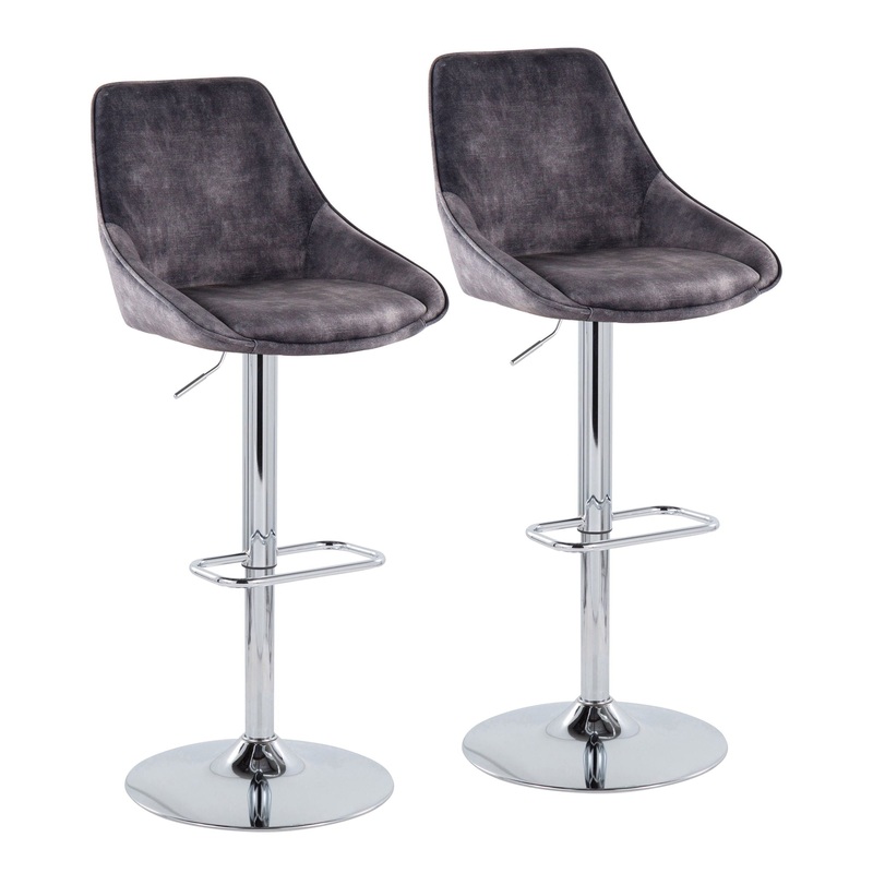 Diana – Contemporary Adjustable Barstool With Swivel With Rounded Rectangle Footrest (Set of 2) – Chrome / Gray