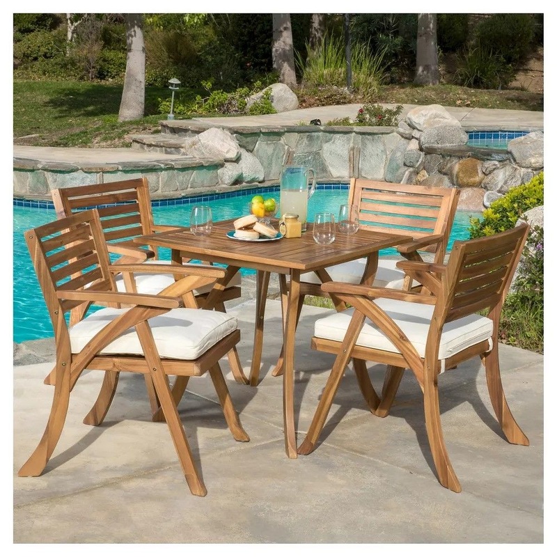 Outdoor Hermosa 5 Piece Wood Dining Set With Cushions – Teak / Beige