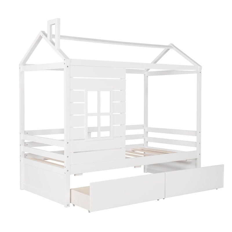 Twin Size Classic House Bed With 2 Drawers – White