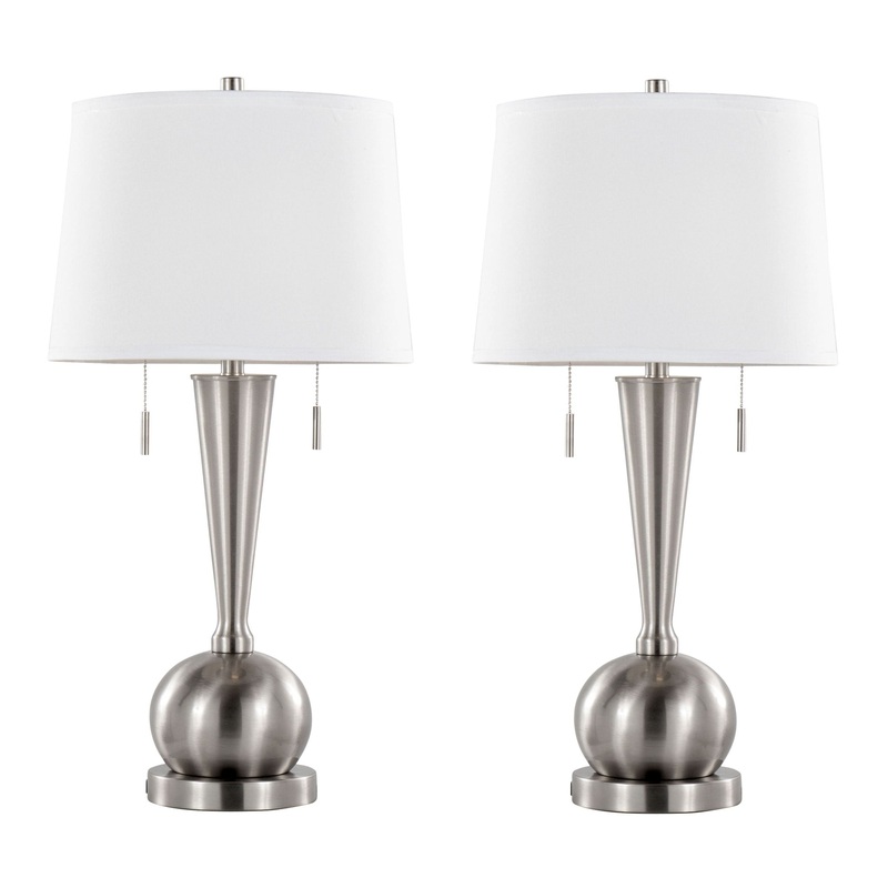 Jules – Contemporary Table Lamp Built In USB Port (Set of 2) – Nickel / White