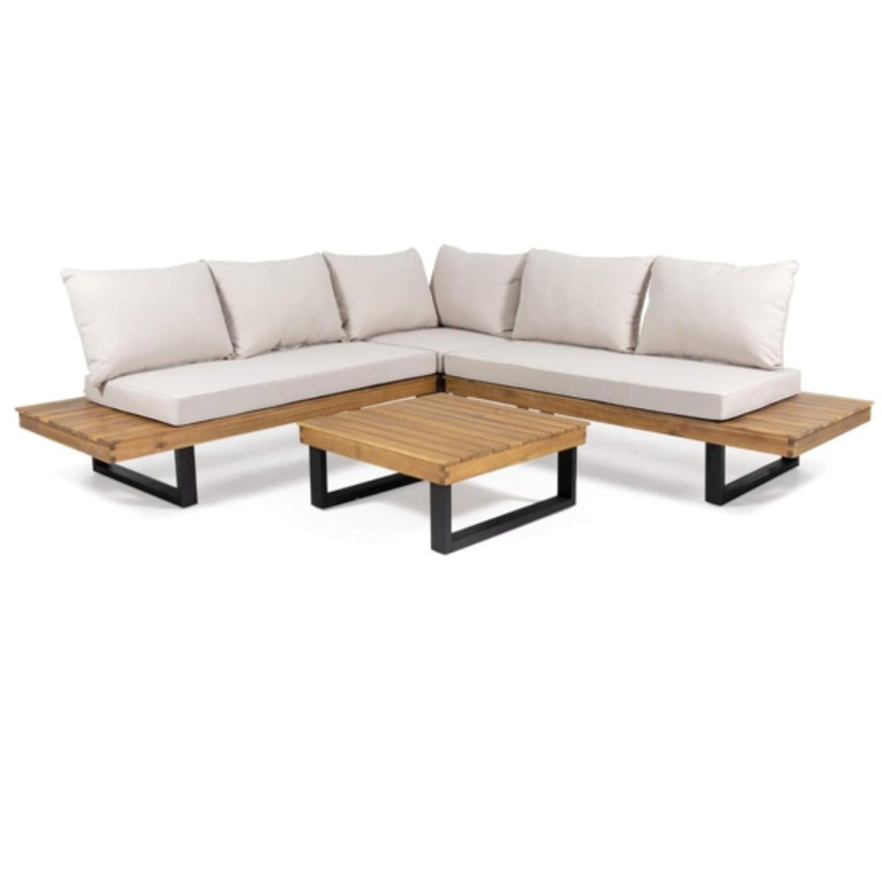 Sebastian – Hand Crafted 4 Piece Sofa Set With Water Resistant Cushions – Beige / Teak