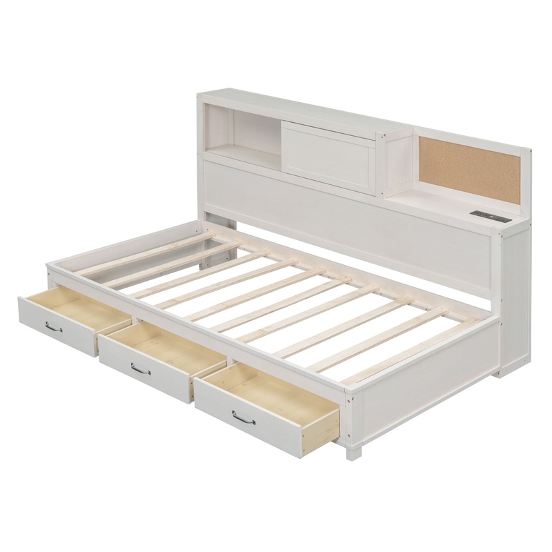Twin Size Daybed With 3 Storage Drawers, Upper Soft Board, Shelf, And A Set Of Sockets And USB Ports – White