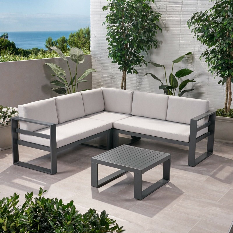 Dursley – Outdoor Aluminum V Shape Sofa Sectional – Beige / Gray