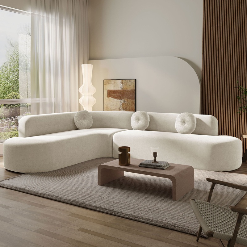 Extra Large Sectional Sofa Soft Fabric Upholstery, Elegant Curved Design With 3 Round Cushions, High – Resilience Foam For Ultimate Comfort – Beige