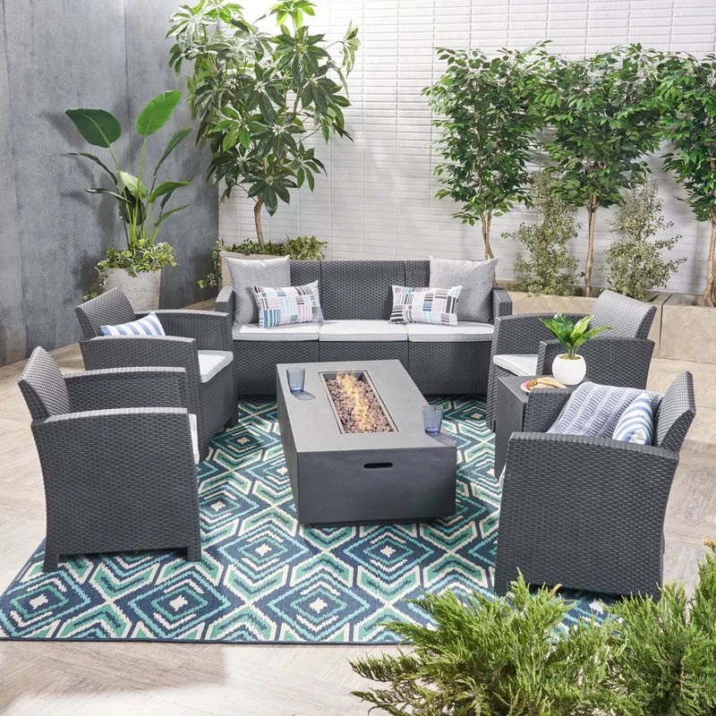 Outdoor Faux Wicker Rattan Style Chat Set With Water Resistant Cushions, 5 Pieces Set – Charcoal / Light Gray