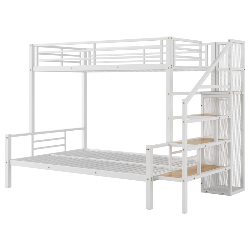 Twin Over Full Size Metal Bunk Bed With Storage Staircase And Open Wardrobe – White