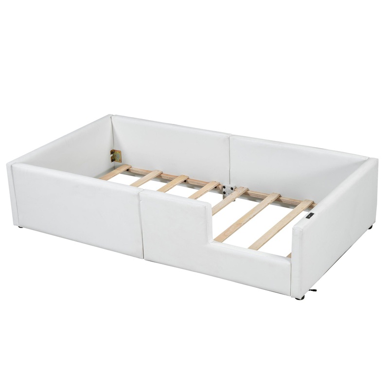 Twin Size Upholstered Platform Bed With Guardrail And Charging Station – White