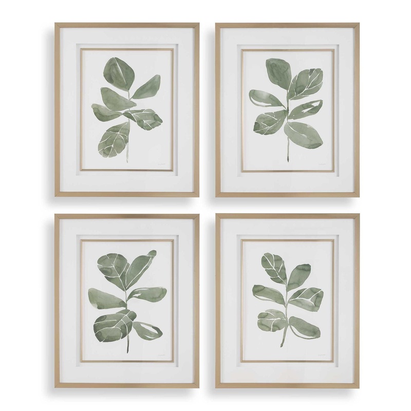 Fiddle Head – Leaf Botanical Prints (Set of 4) – Gold / Green / White