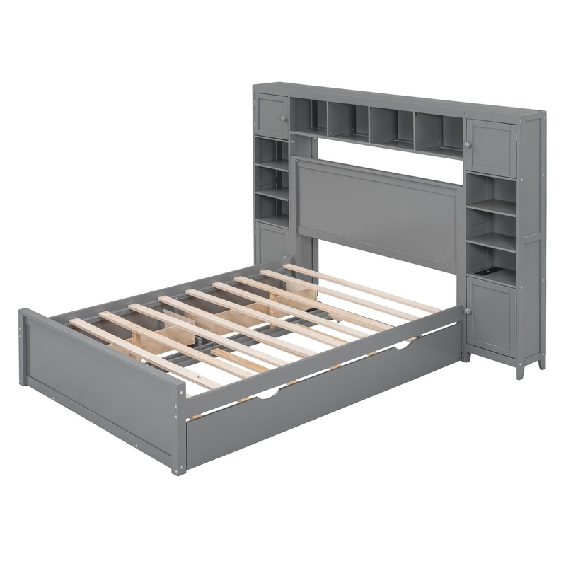 Full Size Bed With All In One Cabinet, Shelf And Sockets, Twin Size Trundle – Gray