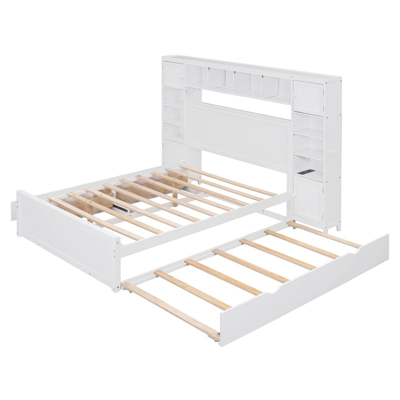 Full Size Bed With All In One Cabinet, Shelf And Sockets, Twin Size Trundle – White