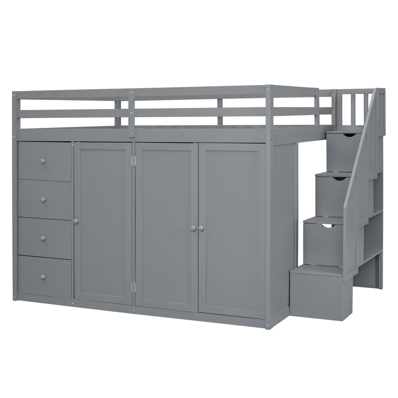 Full Size Loft Bed With Built In Wardrobes, Cabinets And Drawers – Gray