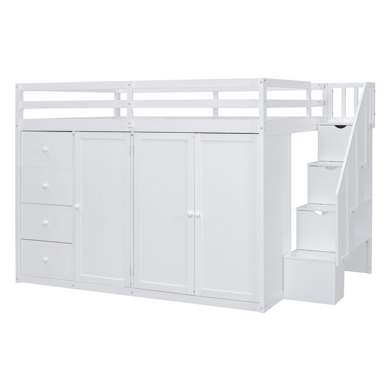 Full Size Loft Bed With Built In Wardrobes, Cabinets And Drawers – White