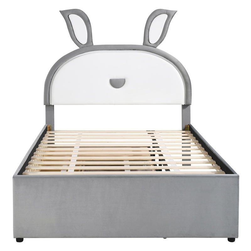 Full Size Upholstered Platform Bed With Trundle And 3 Drawers, Rabbit-Shaped Headboard With Embedded LED Lights – Gray