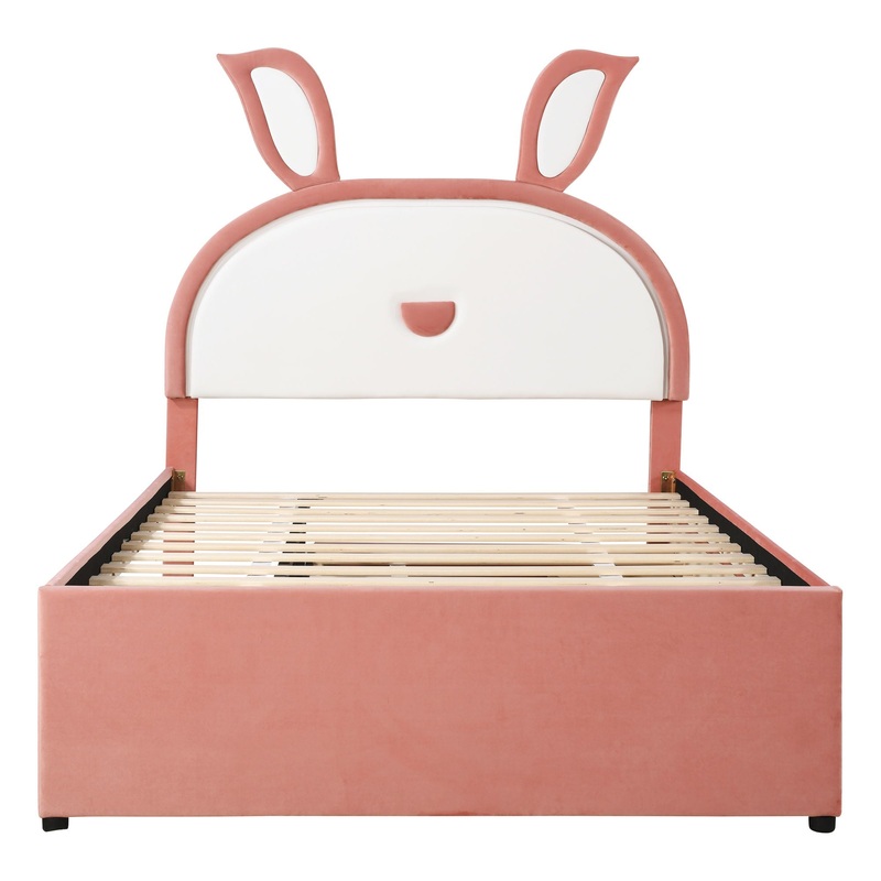 Full Size Upholstered Platform Bed With Trundle And 3 Drawers, Rabbit-Shaped Headboard With Embedded LED Lights – Pink