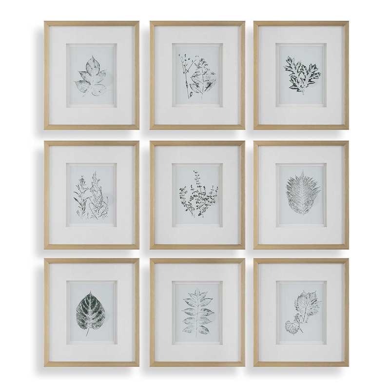 Nature’s – Script Framed Botanical Prints (Set of 9) – Gold / Green / White
