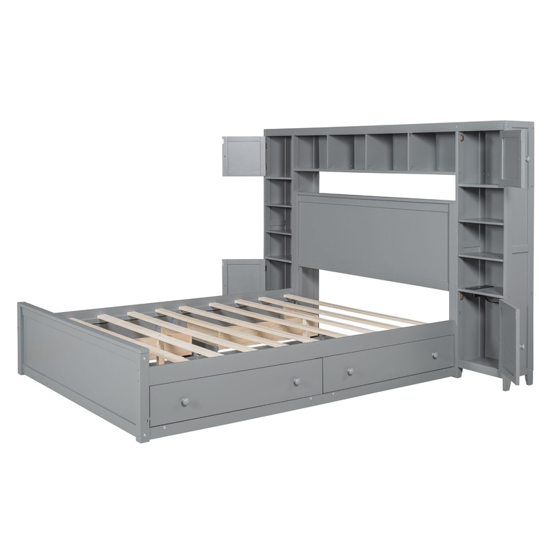 Queen Size Bed With All In One Cabinet, Shelf And Sockets – Gray