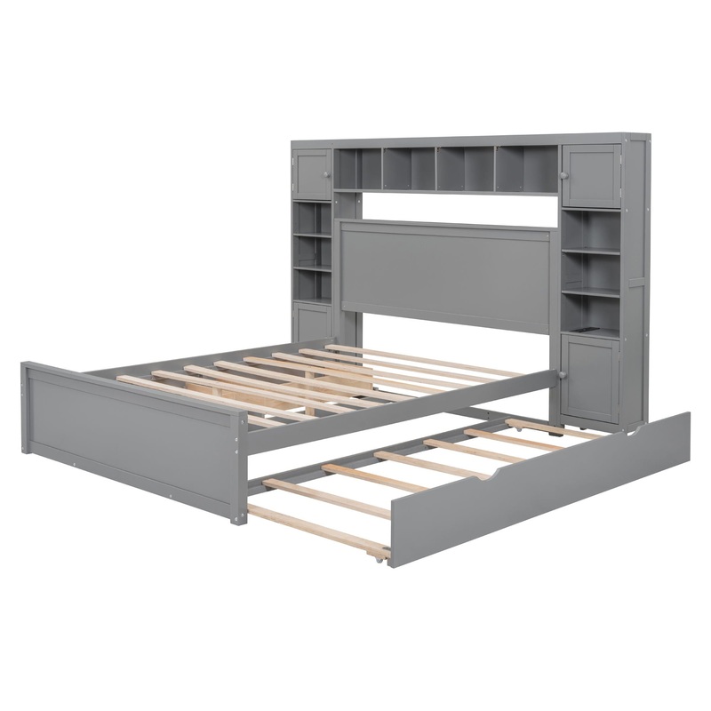 Queen Size Bed With All In One Cabinet, Shelf And Sockets, Twin Long Trundle – Gray