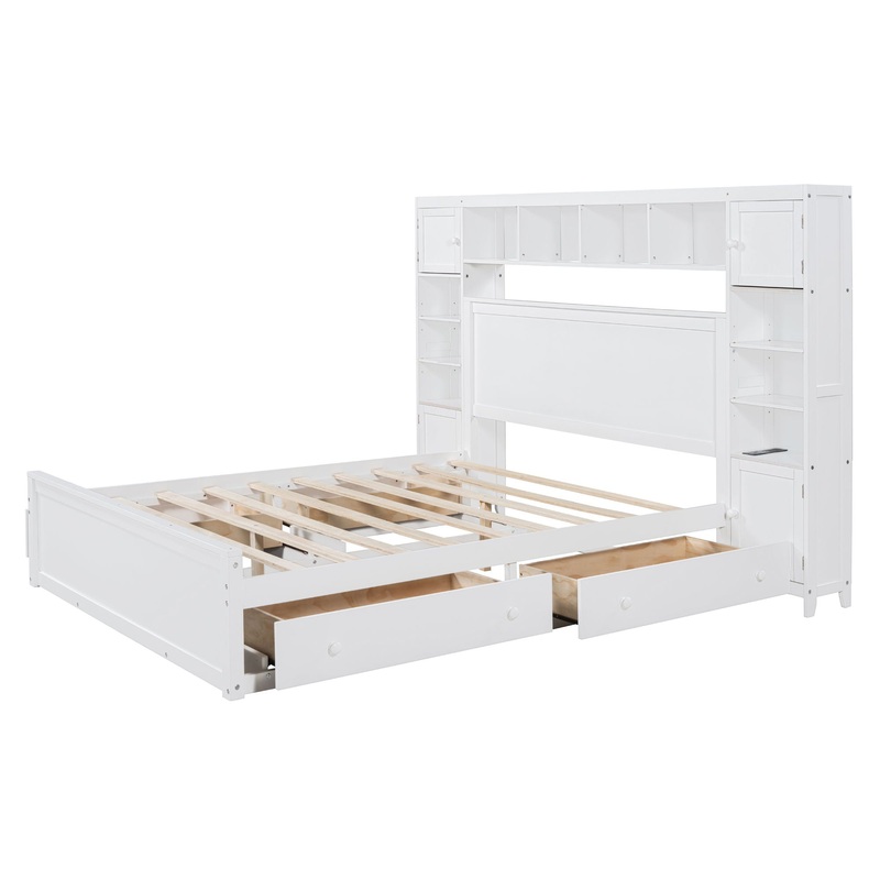 Queen Size Bed With All In One Cabinet, Shelf And Sockets – White