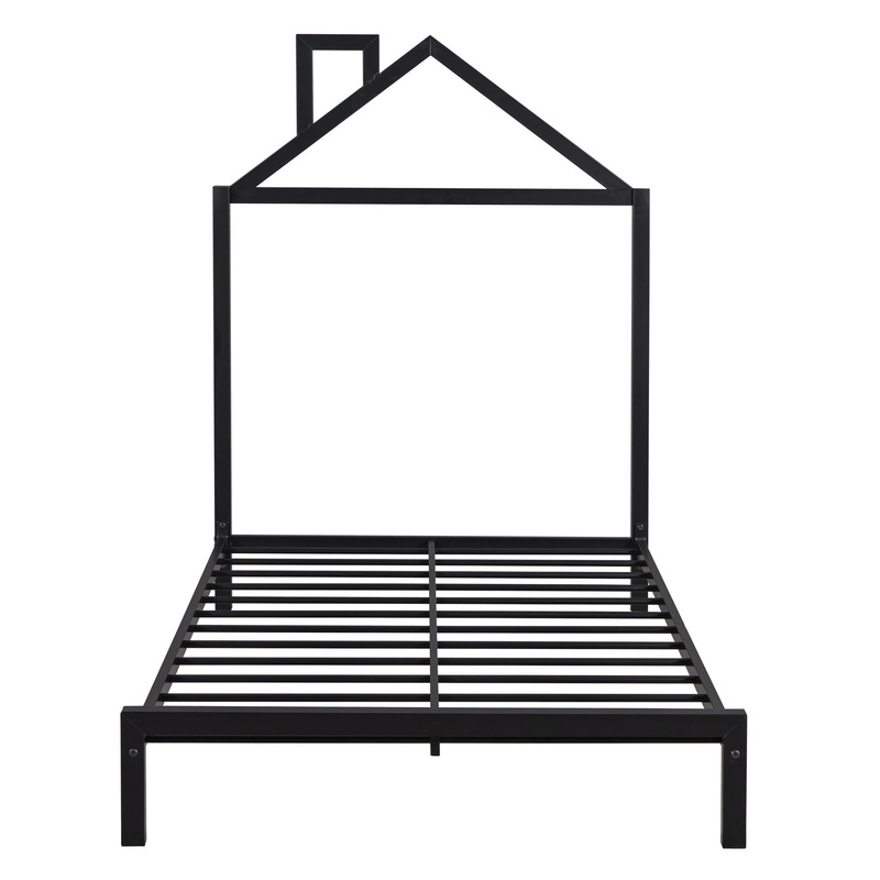 Twin Size Platform Bed With House-Shaped Headboard Design – Black