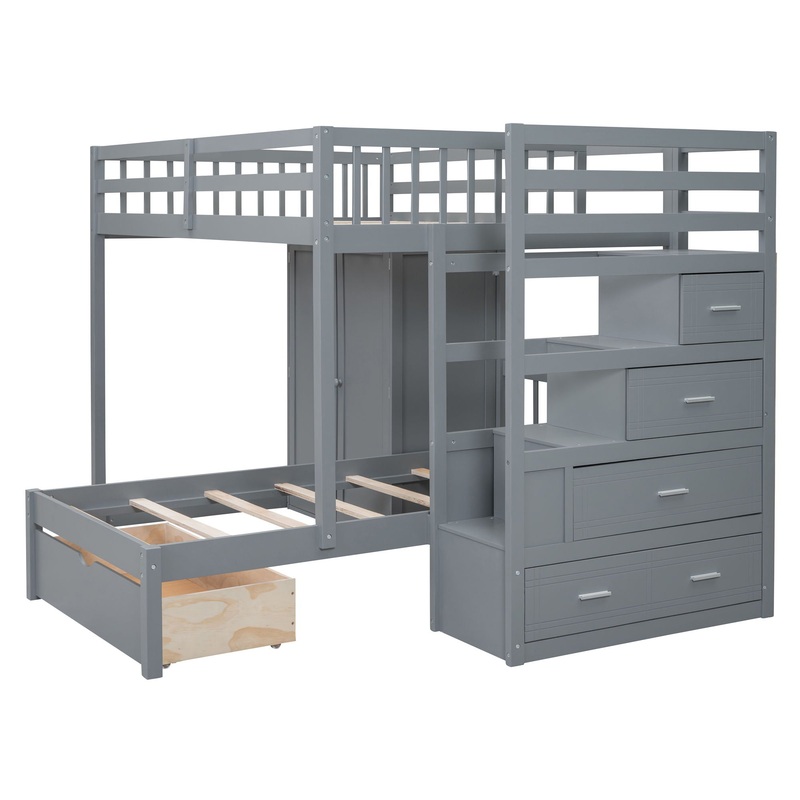 Full Over Twin Bunk Bed With Wardrobe, Drawers – Gray