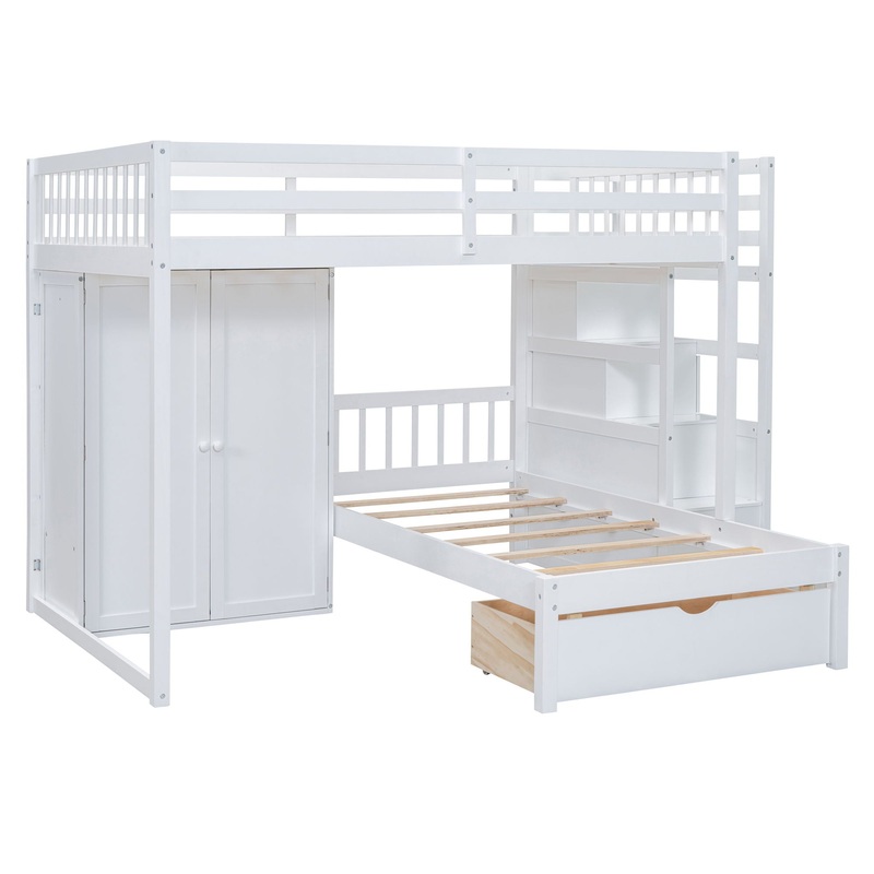 Full Over Twin Bunk Bed With Wardrobe, Drawers – White