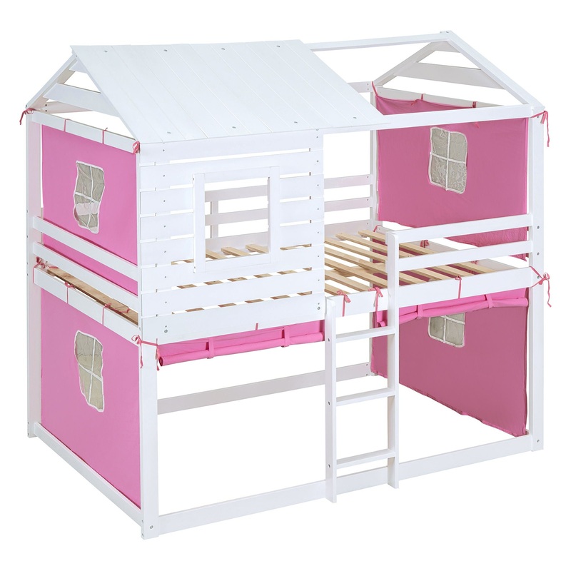 Full Size Bunk House Bed With Tent – Pink / White