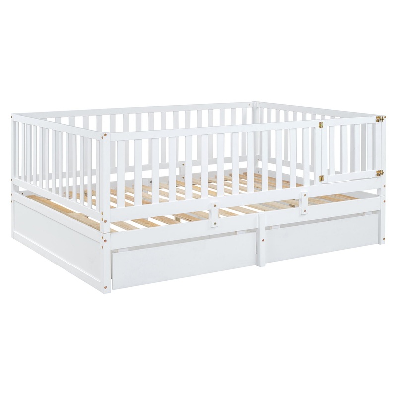Full Size Daybed With Fence Guardrails And 2 Drawers, Convertible Floor Bed & Daybed – White