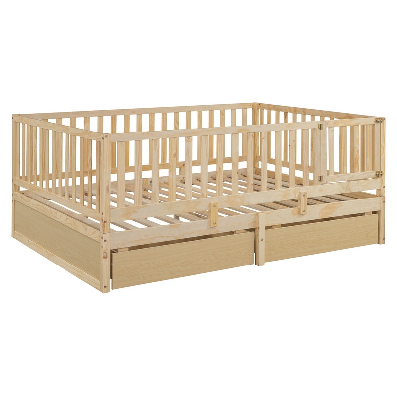 Full Size Daybed With Fence Guardrails And 2 Drawers, Split Into Independent Floor Bed & Daybed – Natural