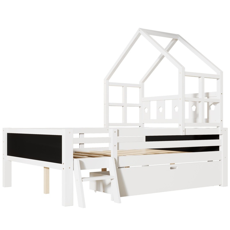 Full Size House Bed With Ladder And Storage Drawers Platform With Blackboard, No Box Spring – White