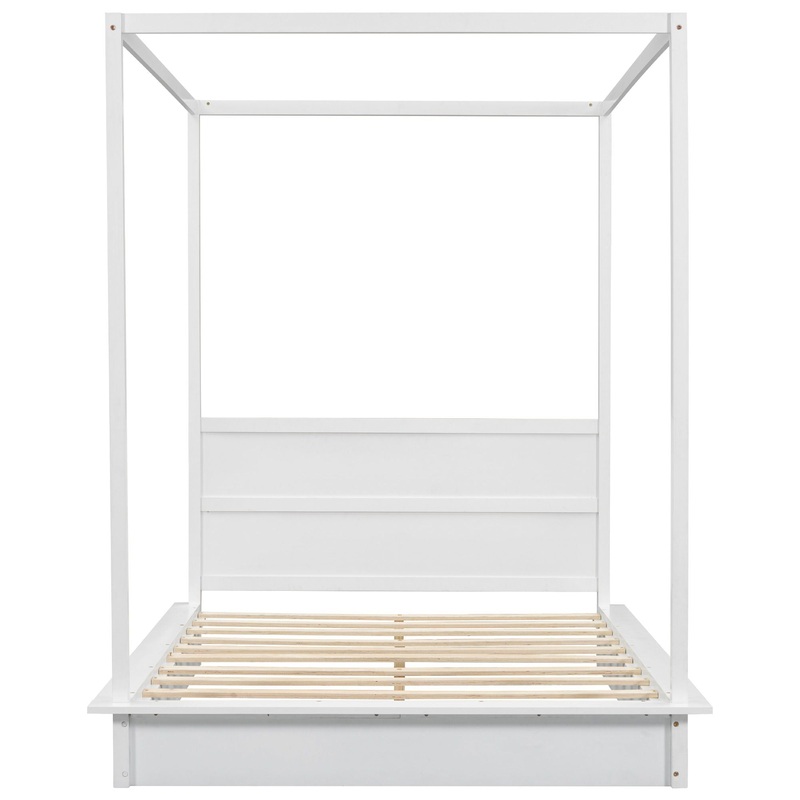 Full Size LED Canopy Bed, Canopy Platform Bed With Support Slats, No Box Spring Needed – White