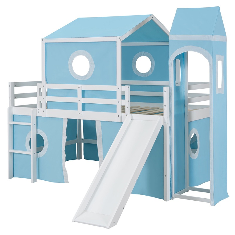 Full Size Loft Bed & Slide Tent And Tower – Blue