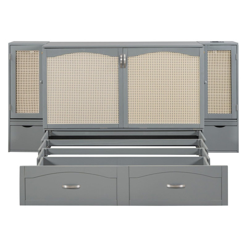 Full Size Murphy Bed With Drawer And Rattan Decoration – Gray