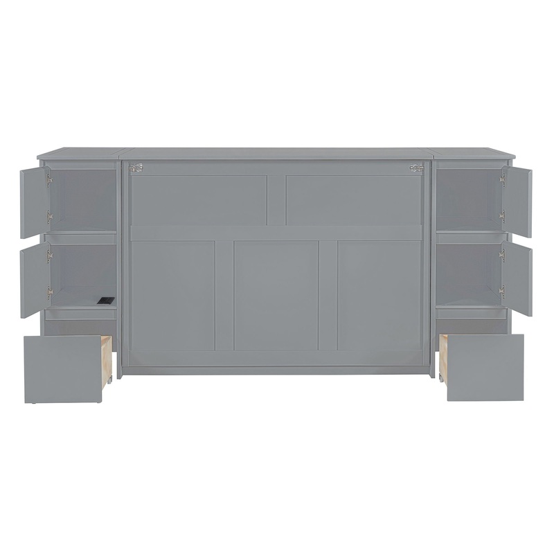 Full Size Murphy Bed With Drawers, Cabinets, And USB Ports – Gray