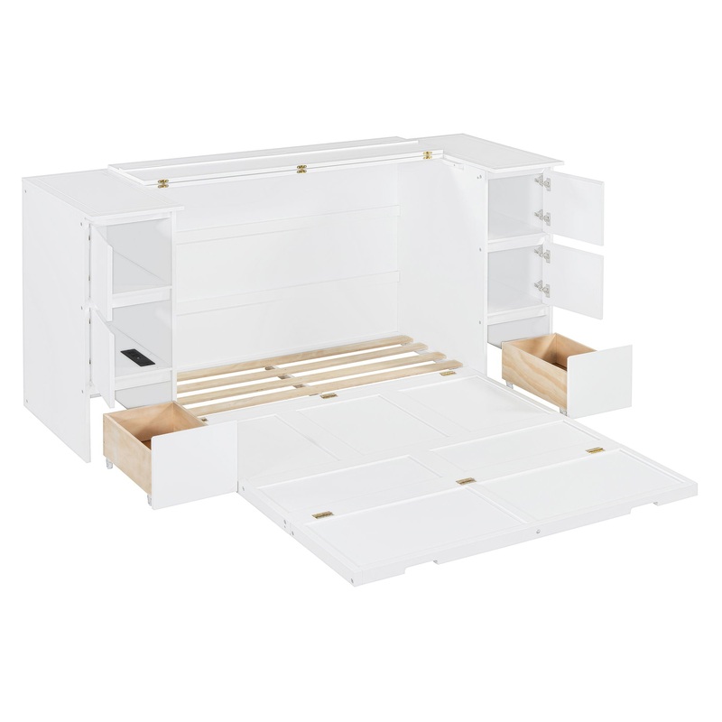 Full Size Murphy Bed With Drawers, Cabinets And USB Ports – White