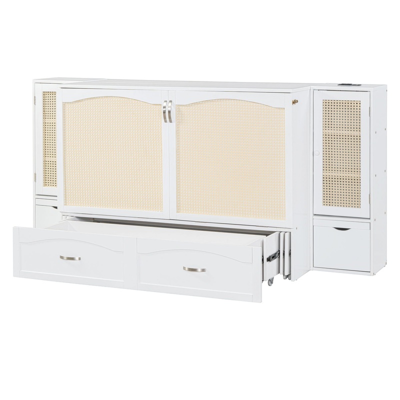 Full Size Murphy Wall Bed With Drawer And Rattan Decoration – White