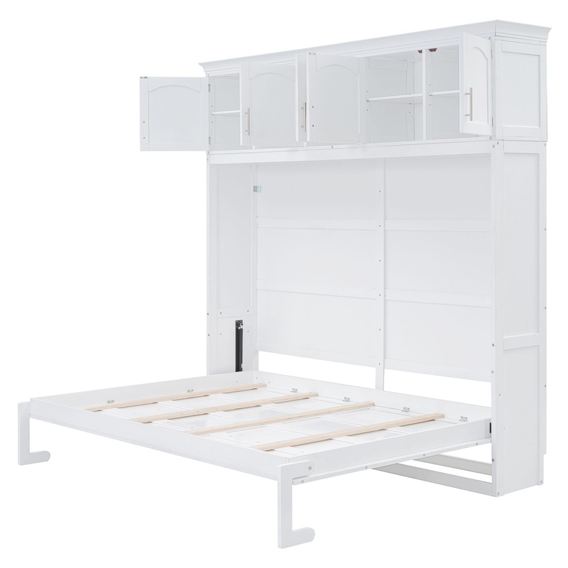 Full Size Space Saving Murphy Wall Bed With Top Cabinets, Flexible Slats – White