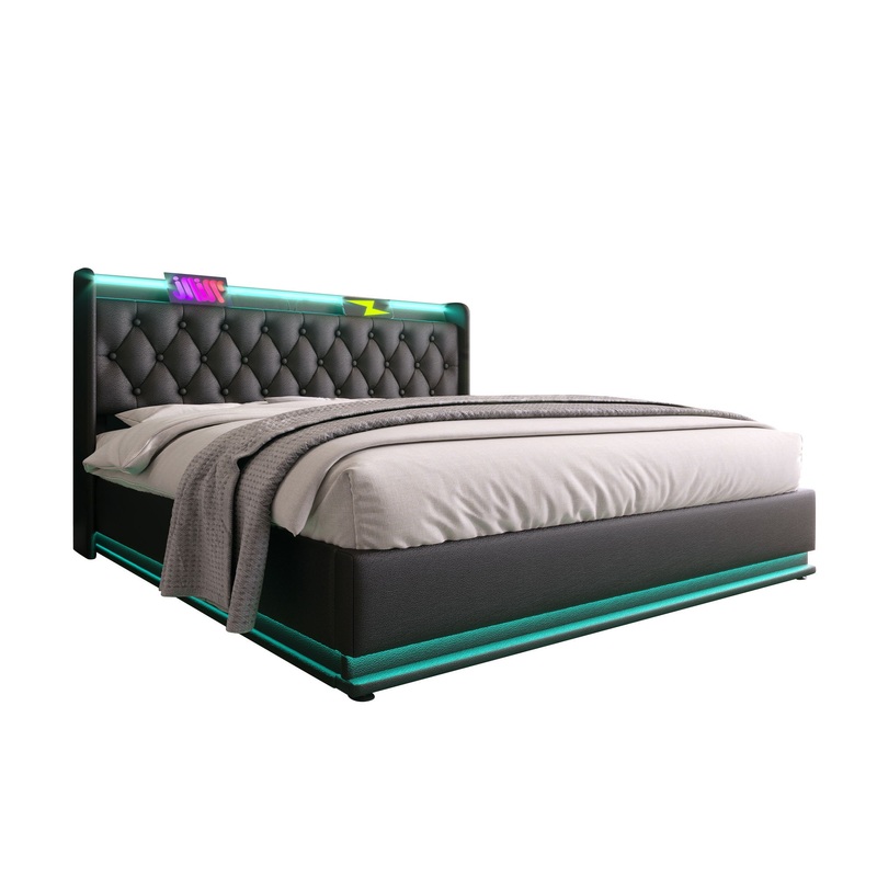 Full Size Upholstered Bed, 360 Surround LED Function, Buttons / Apps / Remote Control, Hydraulic Storage Bed With USB Type-C Charging (Without Mattress) – Black