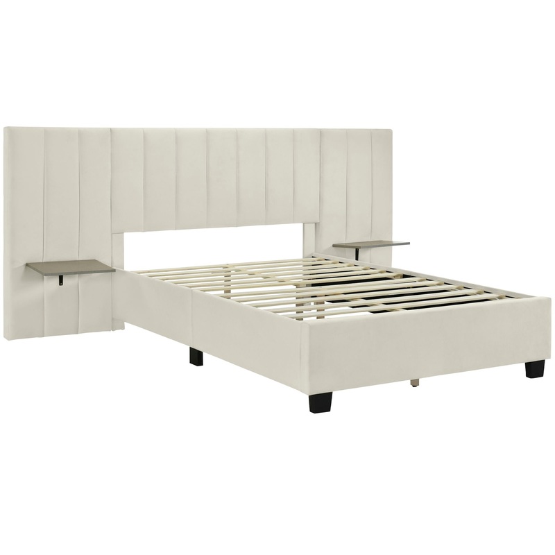 Full Size Upholstered Platform Bed With Big Headboard – Beige
