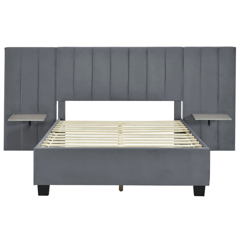 Full Size Upholstered Platform Bed With Big Headboard – Gray