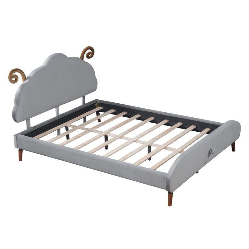 Full Size Upholstered Platform Bed With Sheep Shaped Headboard – Gray