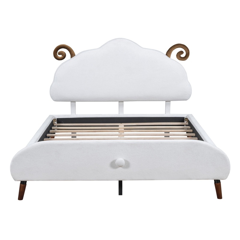Full Size Upholstered Platform Bed With Sheep Shaped Headboard – White
