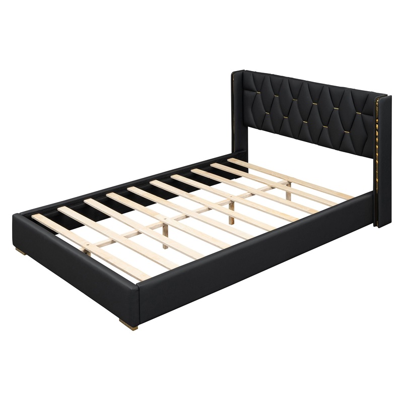 Full Size Upholstered Platform Bed With Strips – Black