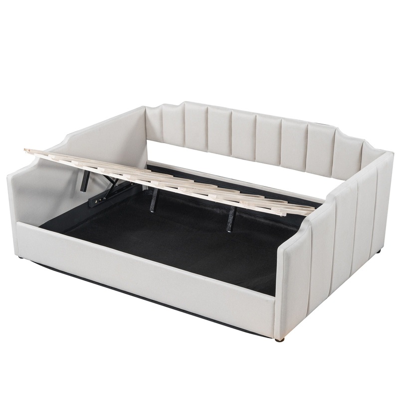 Full Upholstered Daybed With Underneath Storage – Beige