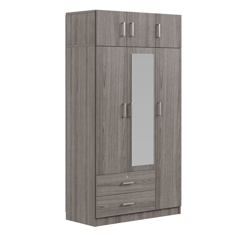 Modern 3 Door Mirror Wardrobe With 2 Drawers And Top Cabinet – Gray