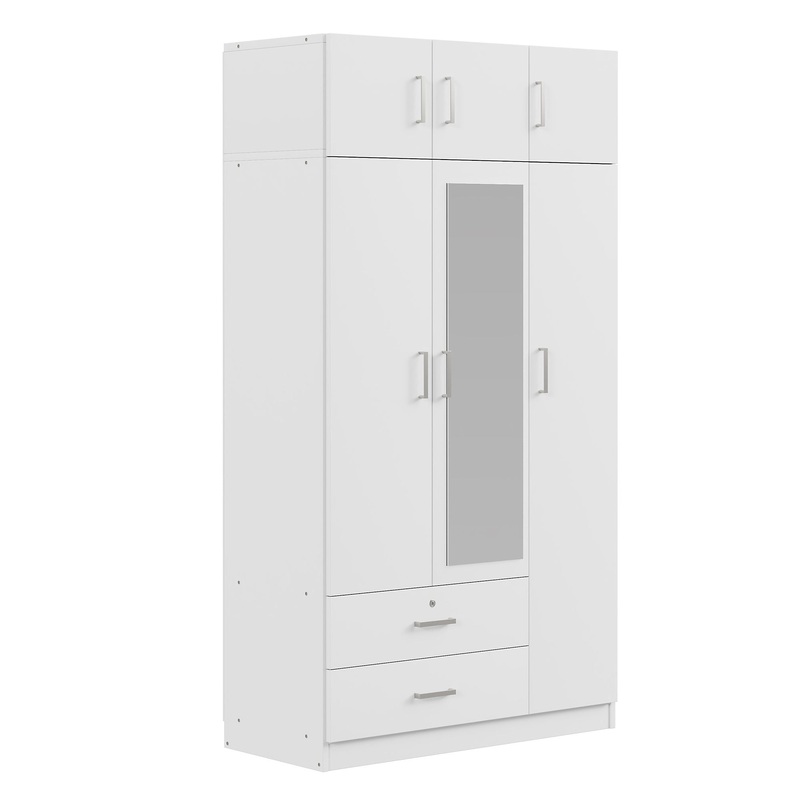 Modern 3 Door Mirror Wardrobe With 2 Drawers And Top Cabinet – White