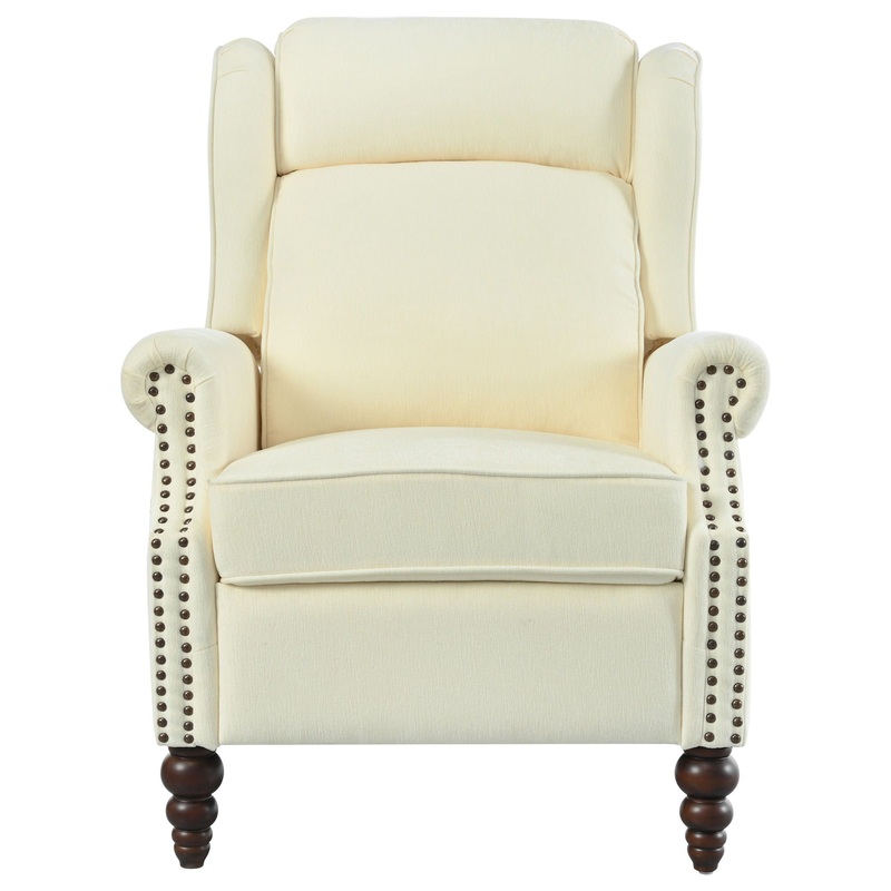 Push Back Recliner Chair Upholstered With Classic Wing Back And Solid Gourd-Shaped Legs For Living Room – Beige