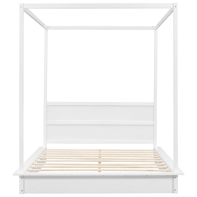Queen Size LED Canopy Bed, Canopy Platform Bed With Support Slats, No Box Spring Needed – White