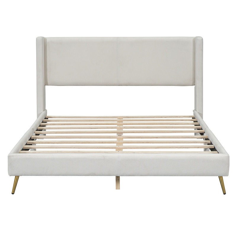 Queen Size Platform Bed With Legs, Frame And Tufted Headboard – Beige
